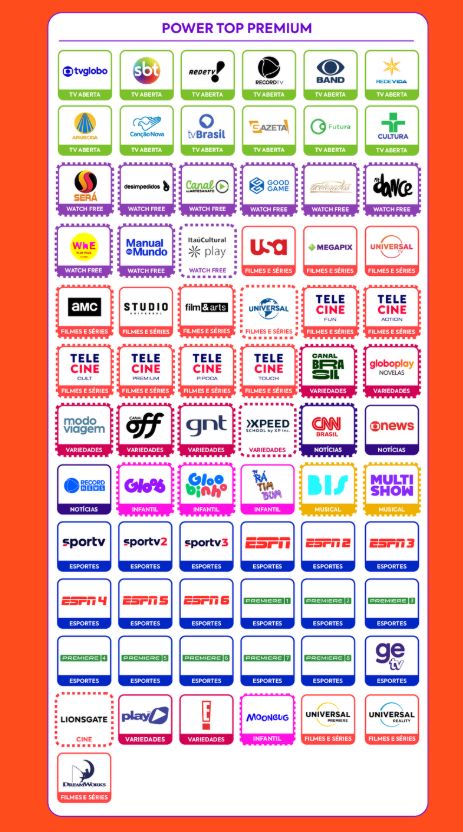Grade premium de conteúdos e canais de TV
